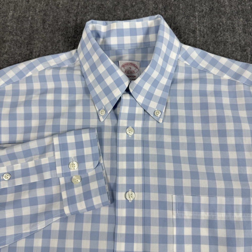 Brooks Brothers Madison Men's Small Blue White Gingham Supima Cotton Non Iron